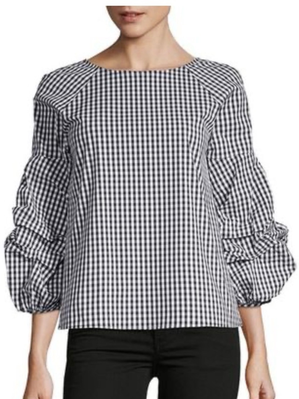 Saks Fifth Avenue Black & White Gingham Puff-Sleeve Top in Medium EUC